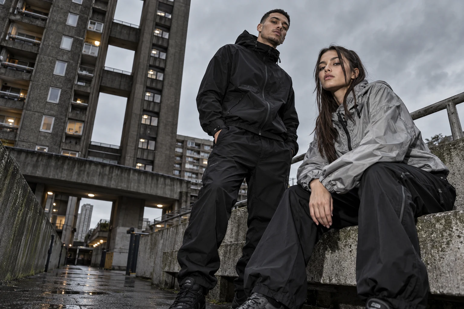 Two young adults wearing technical streetwear against a concrete urban backdrop